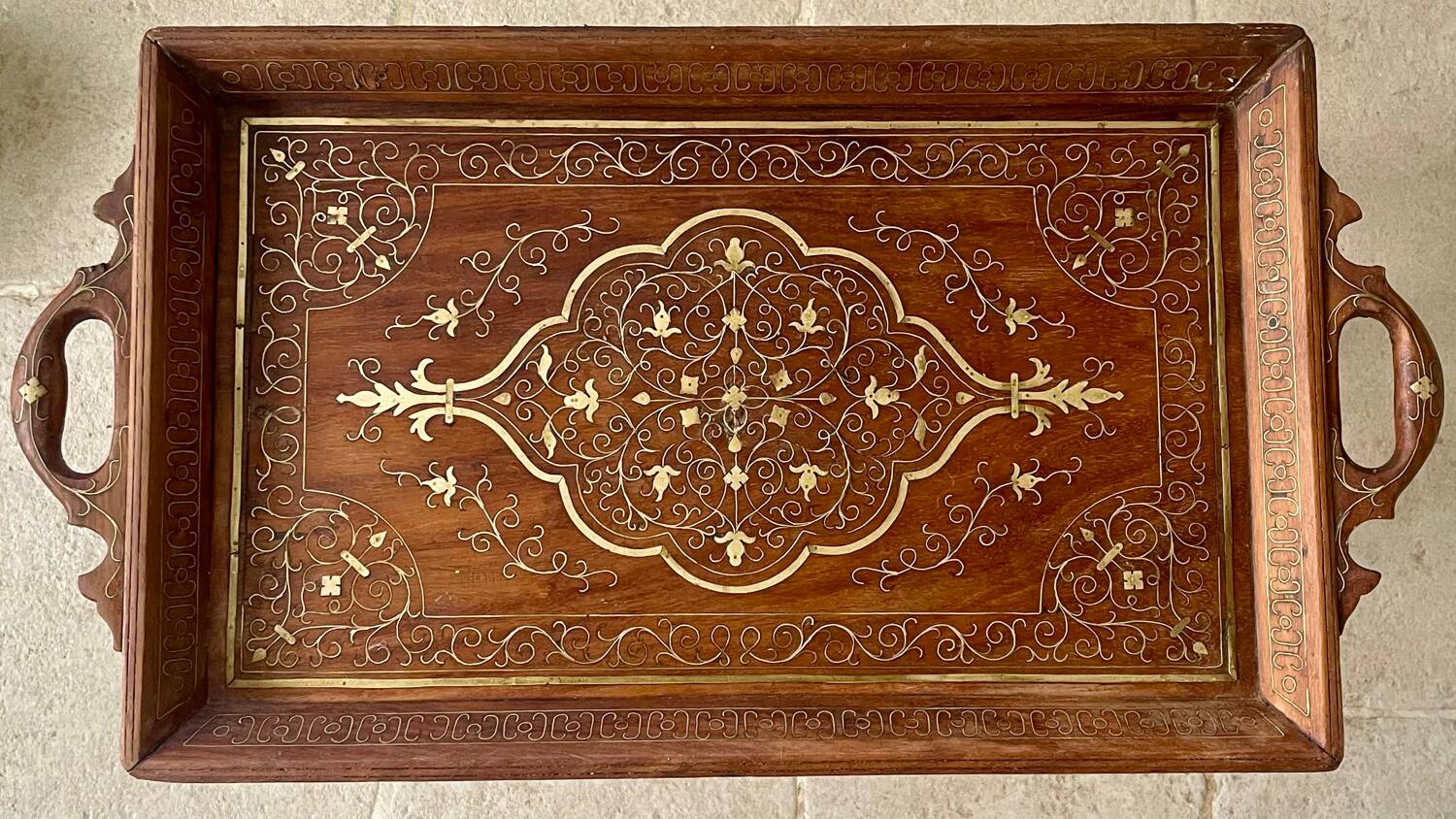 19th century wooden and brass tray