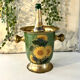 Vintage brass and green enamel cloisonné champagne cooler with sunflow