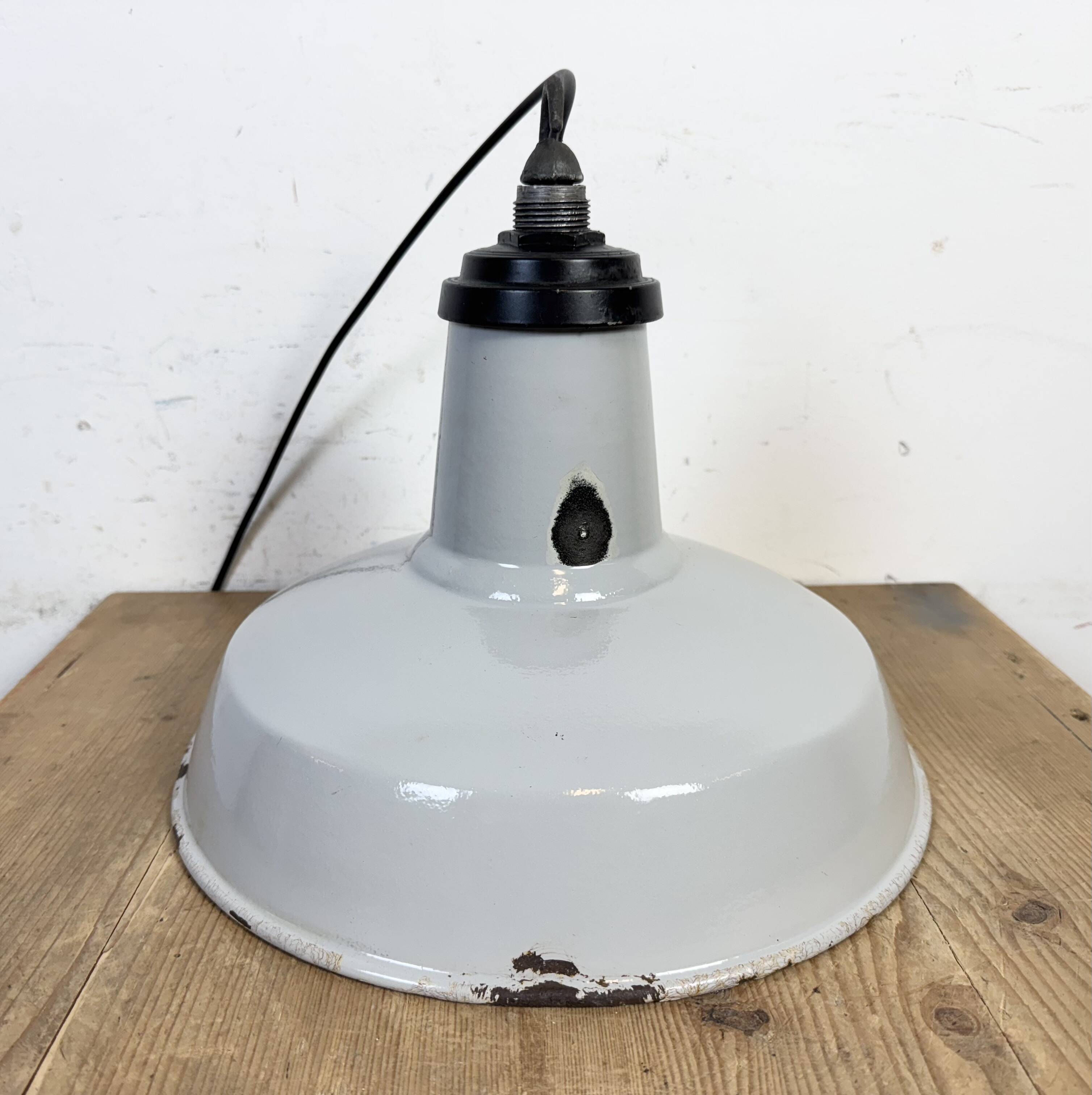 Industrial Grey Enamel Factory Pendant Lamp, 1960s