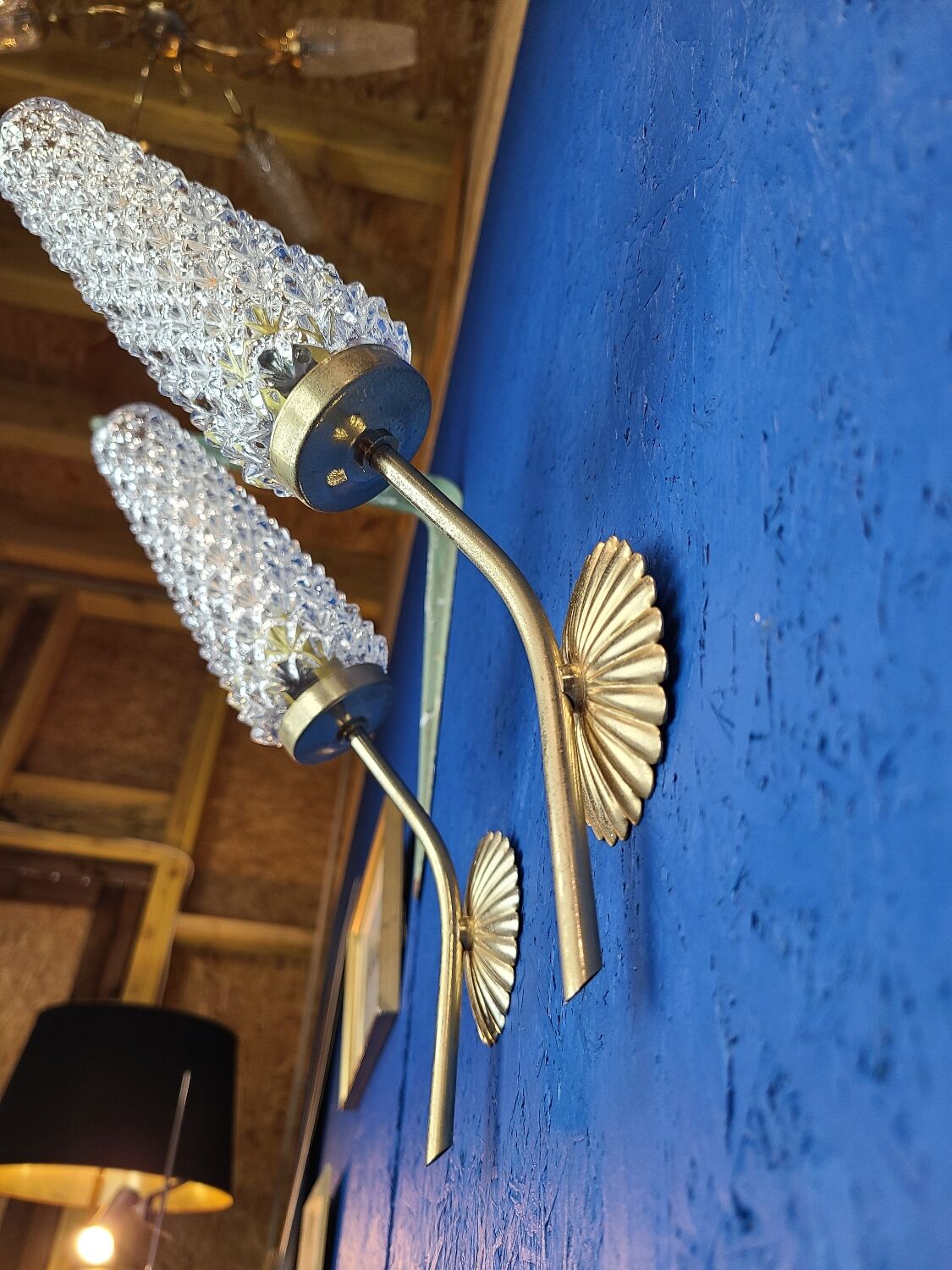 Pair of vintage 1970 glass and metal wall lights