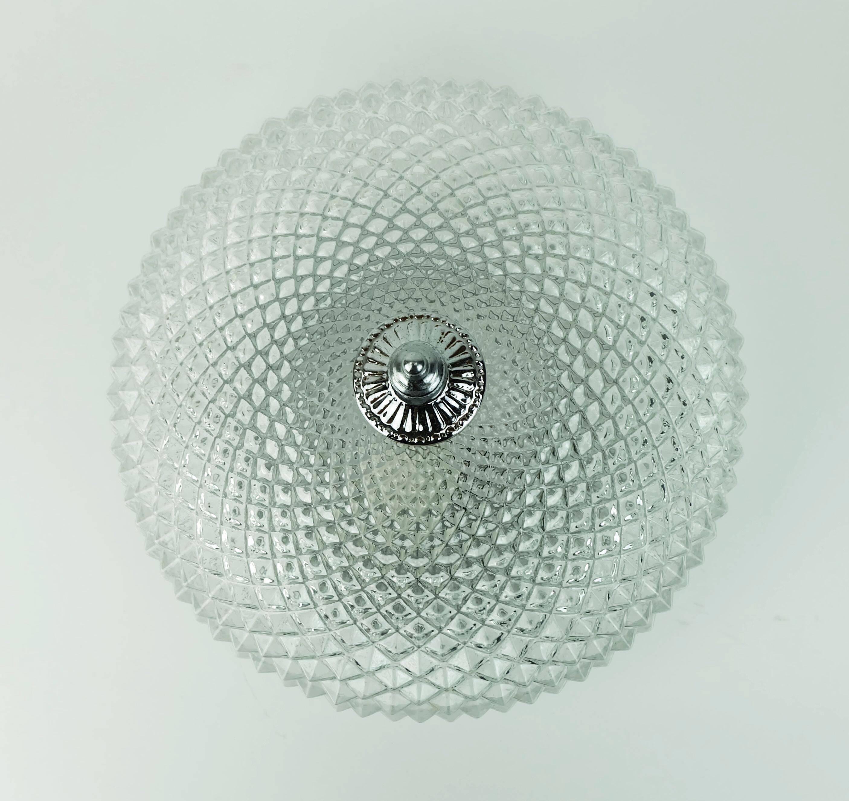 Vintage glass ceiling lamp textured glass and chrome 1970s