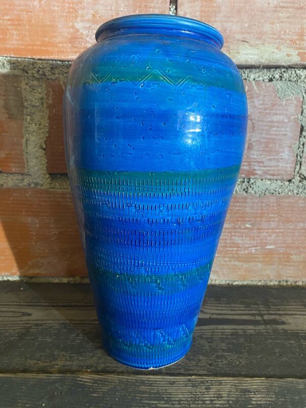 Vase ancien Aldo Londi pour Bitossi en céramique ciselé bleue série Rimini