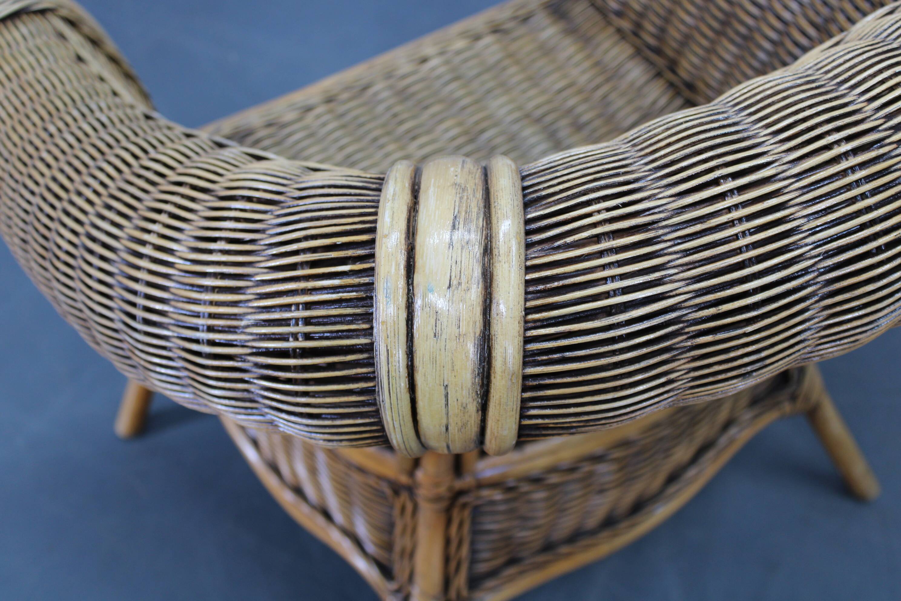 Vintage organic rattan armchair and round coffee table set, 1980s-1990s