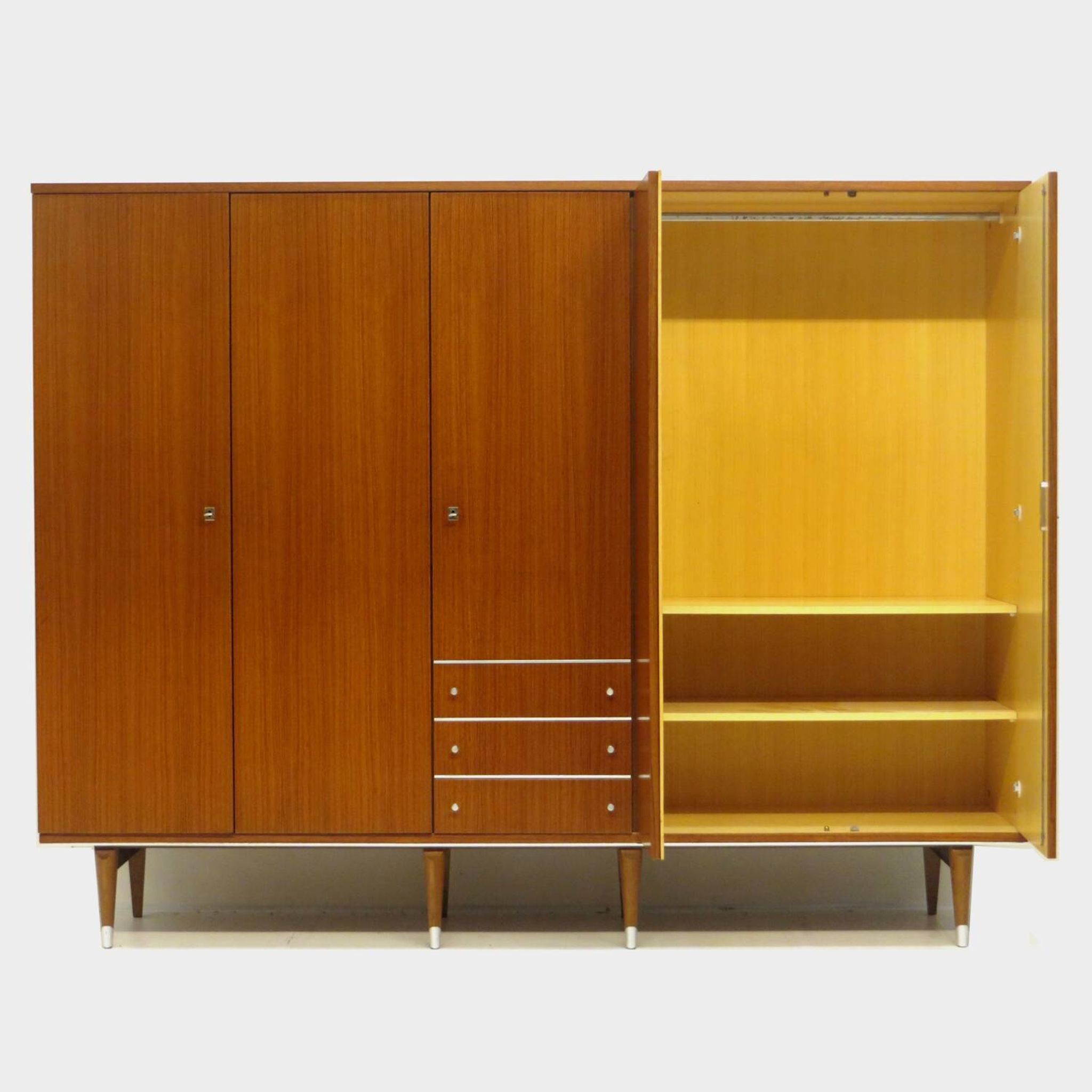 Large vintage mid century 5-door wardrobe with three drawers in teak, 1960s