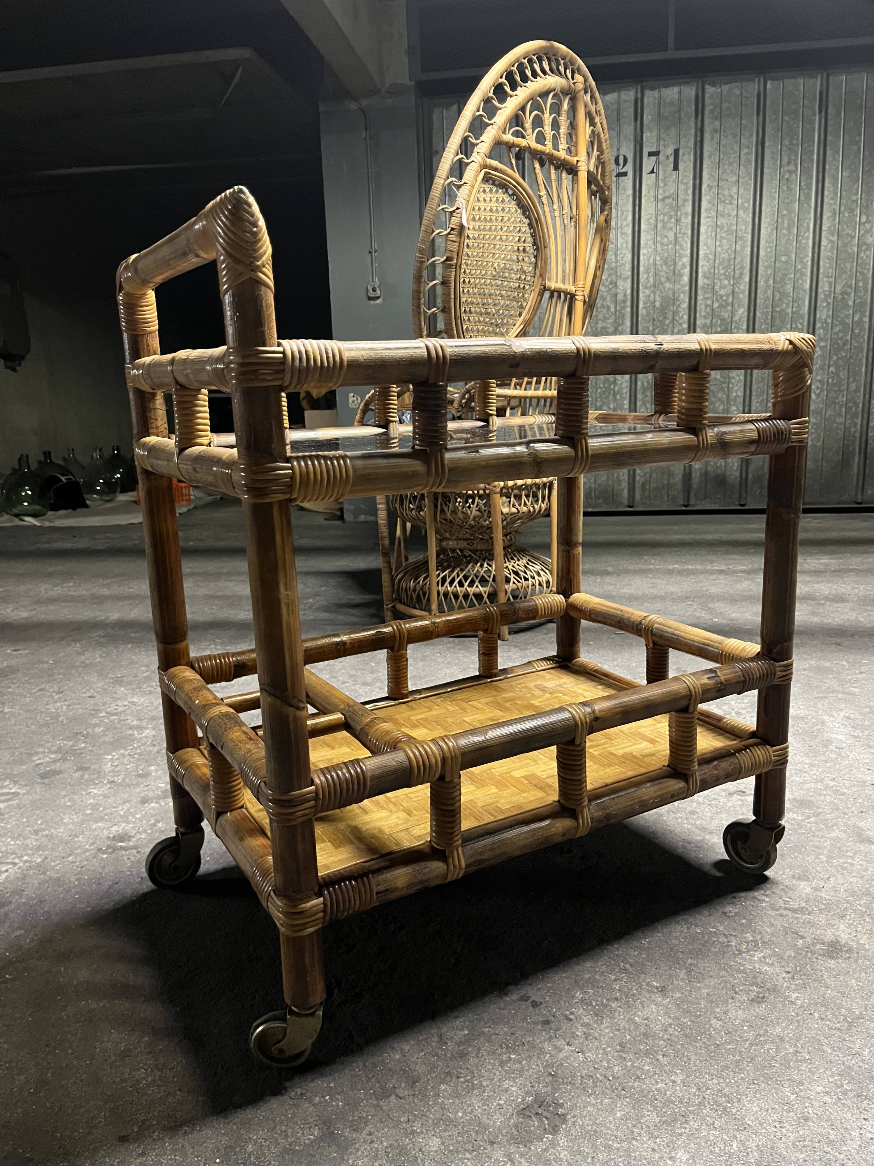 Vintage 1950s bamboo trolley or serving cart.