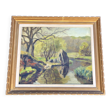 Antique landscape painting signed A. Raynaud