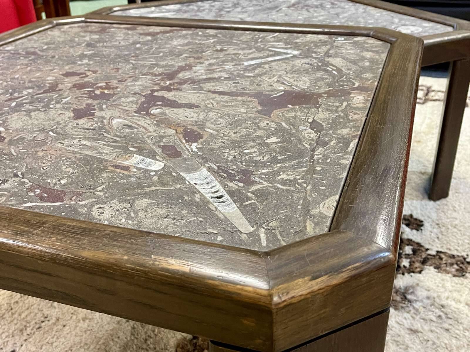 Pair of coffee tables in oak and fossil stone