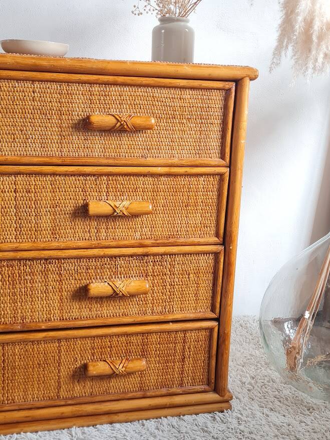 Vintage rattan chest of drawers circa 70s