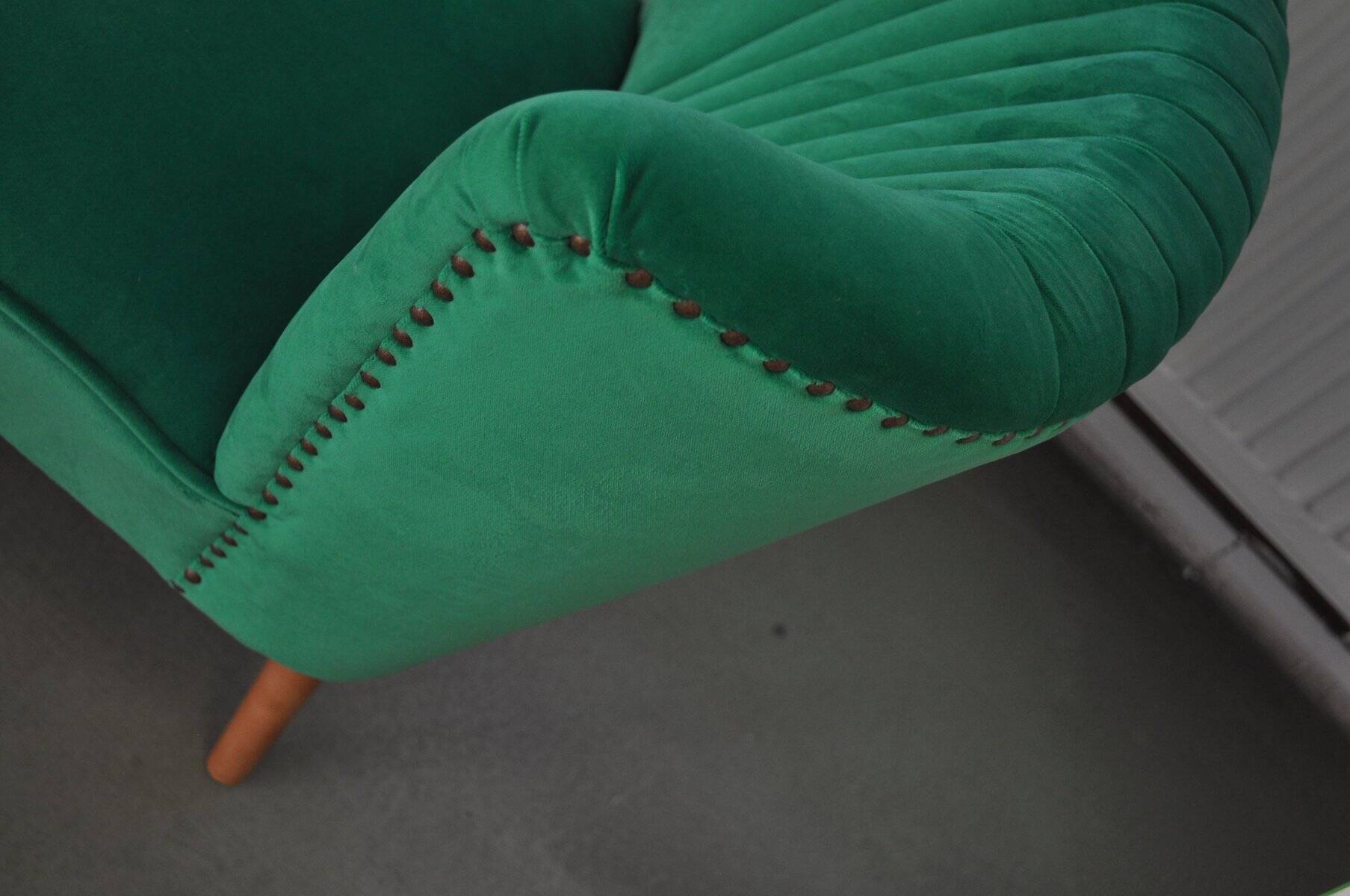 Vintage green and brown velvet and wood cocktail chair, 1950s.