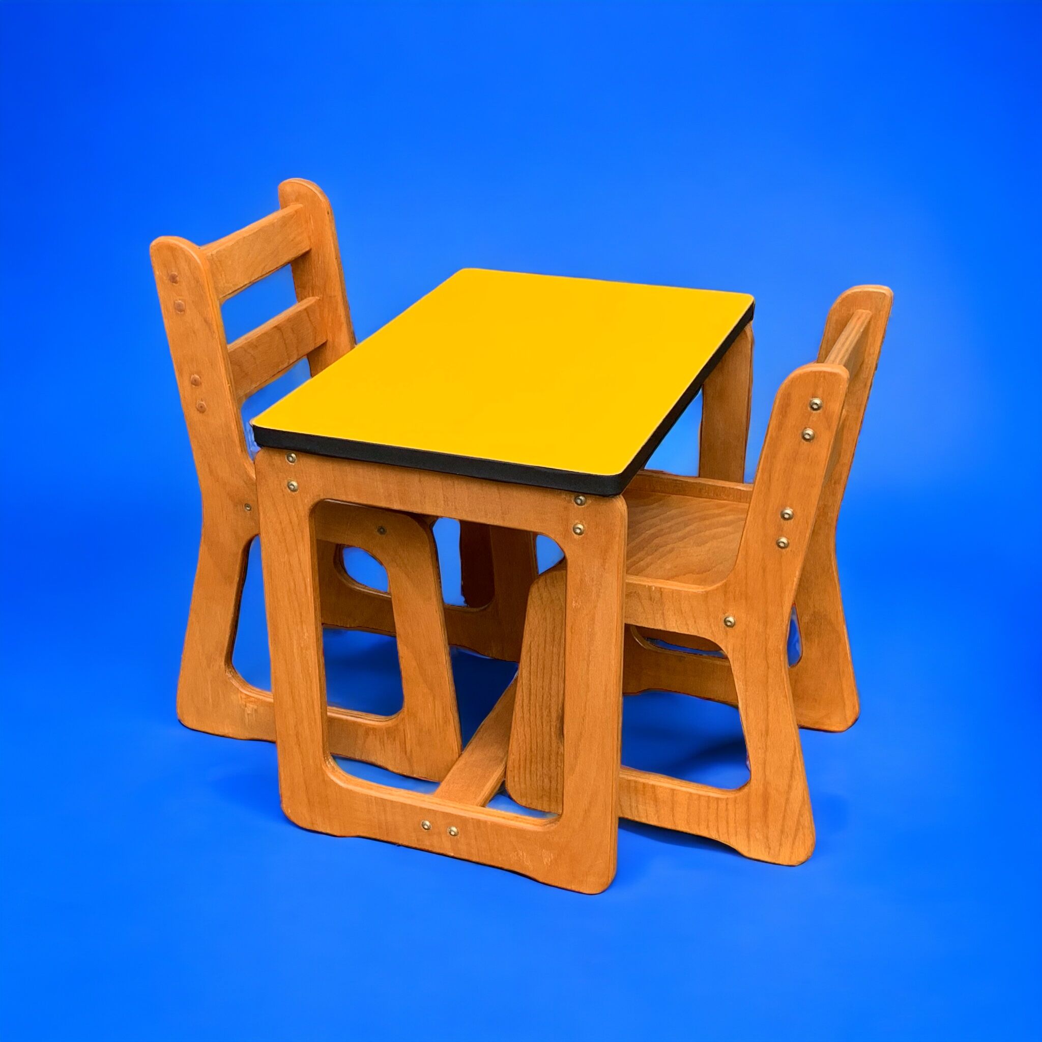 Children's wooden and formica desk and sled chairs 1970