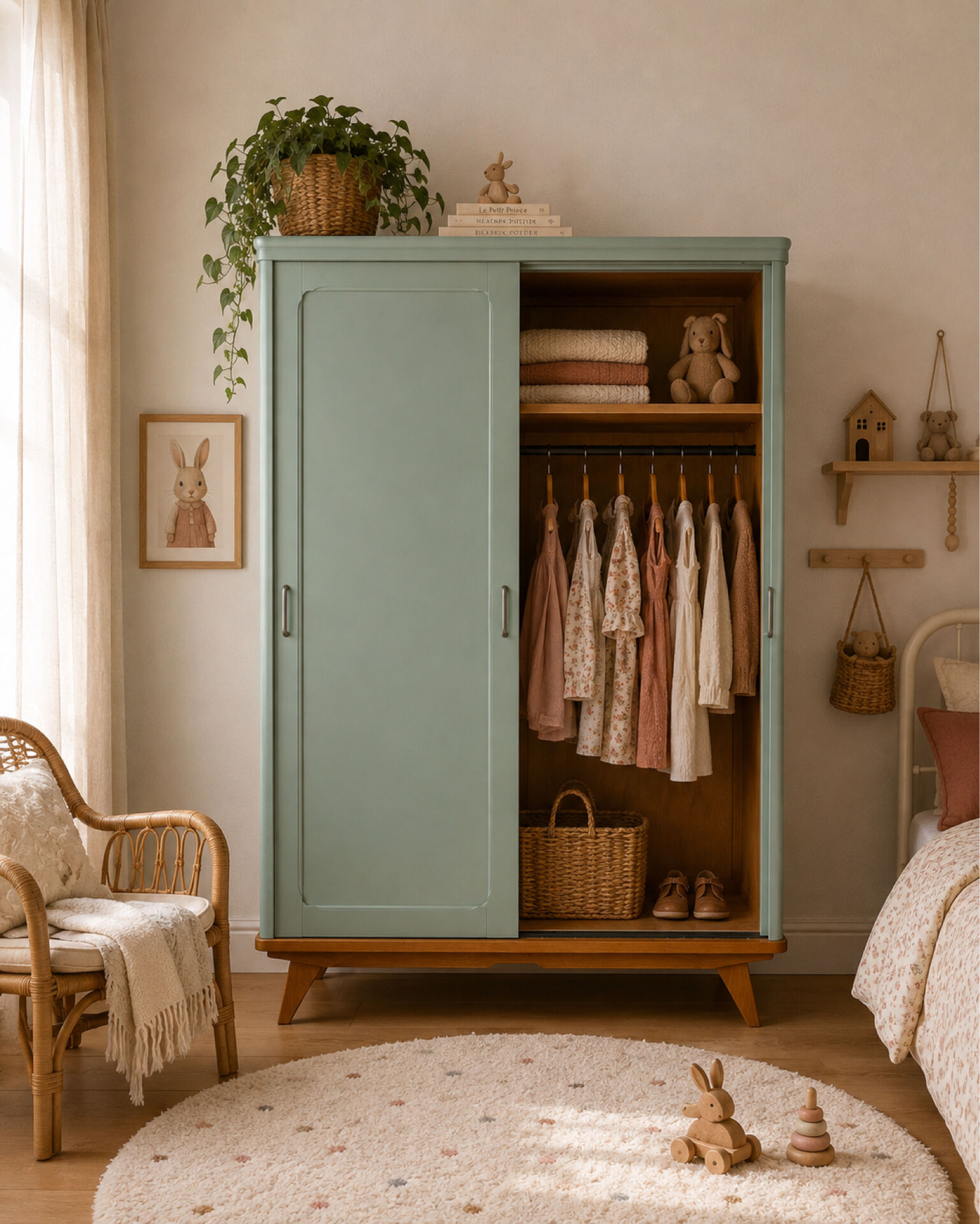 Armoire parisienne penderie 1960 vert grisé rénovée 