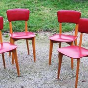 Set of 4 vintage chairs from the 50s in blond beech and red leatherette
