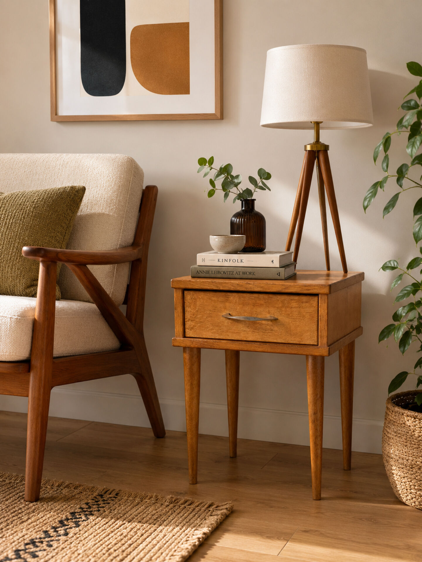 Vintage bedside table, solid oak, 1950s.