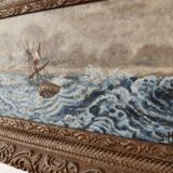 Lot of 2 old marine paintings on wood signed G. Haubois - Gilded frame