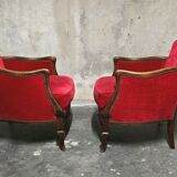 Pair of Louis XV style bergère armchairs in red velvet.