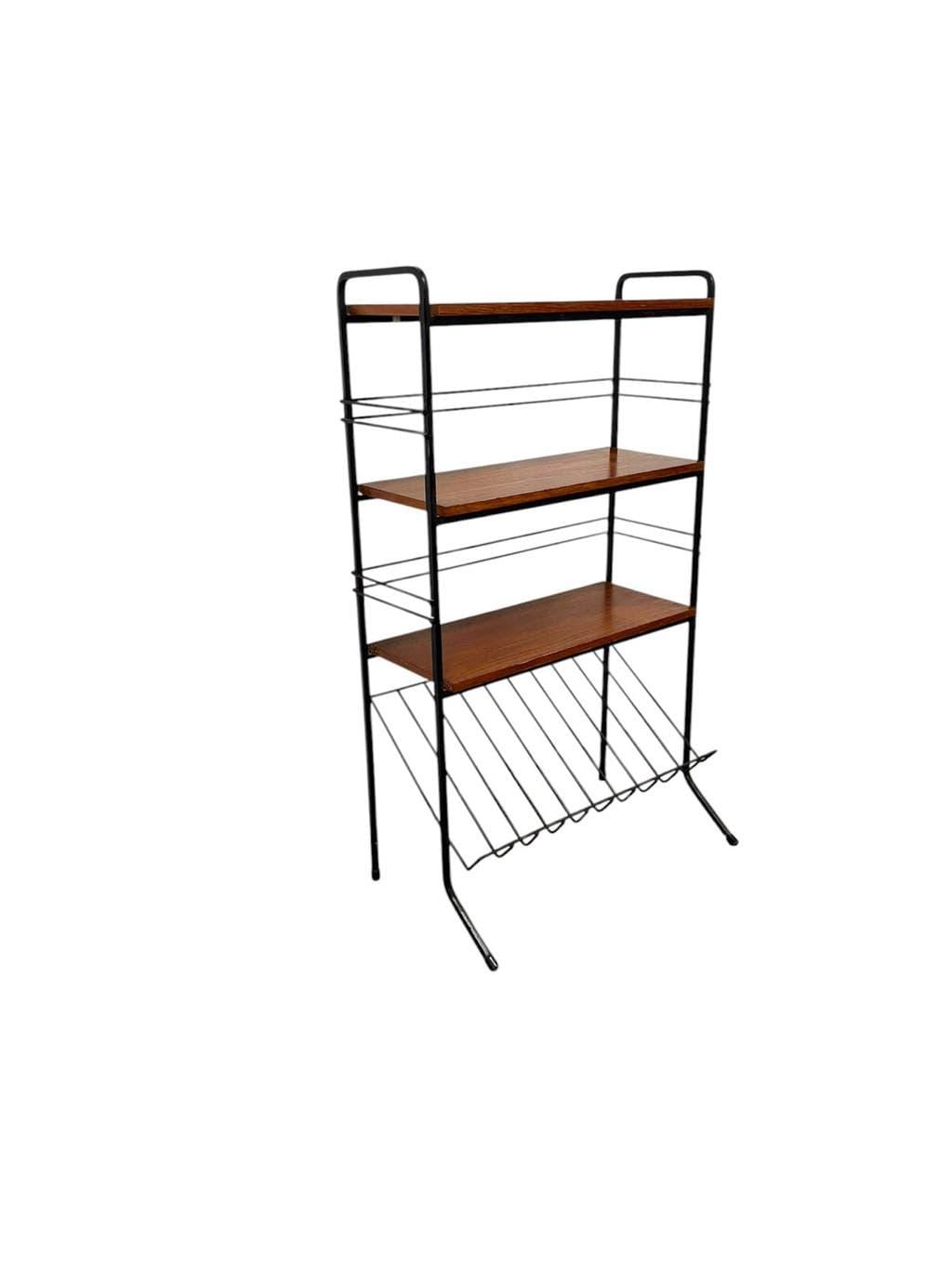 Vintage black shelf/coat rack with wooden accents.