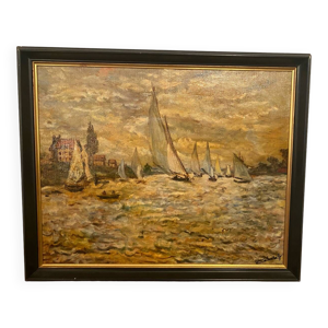 Huile sur toile, Paysage - voiliers