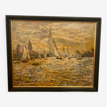 Oil on canvas, Landscape of sailboats