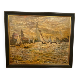 Oil on canvas, Landscape of sailboats