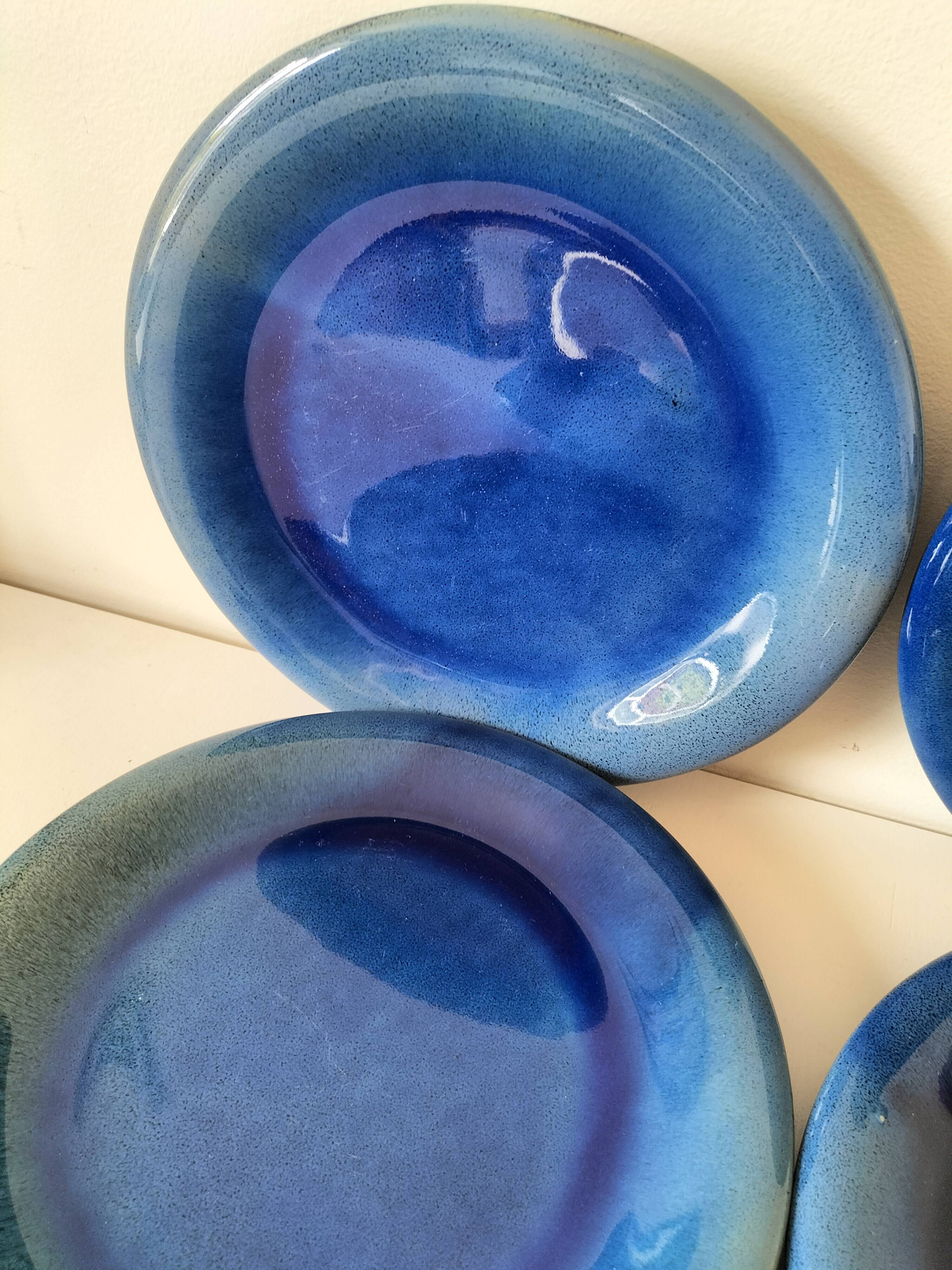 6 assiettes en grès émaillé – bleu cobalt & turquoise