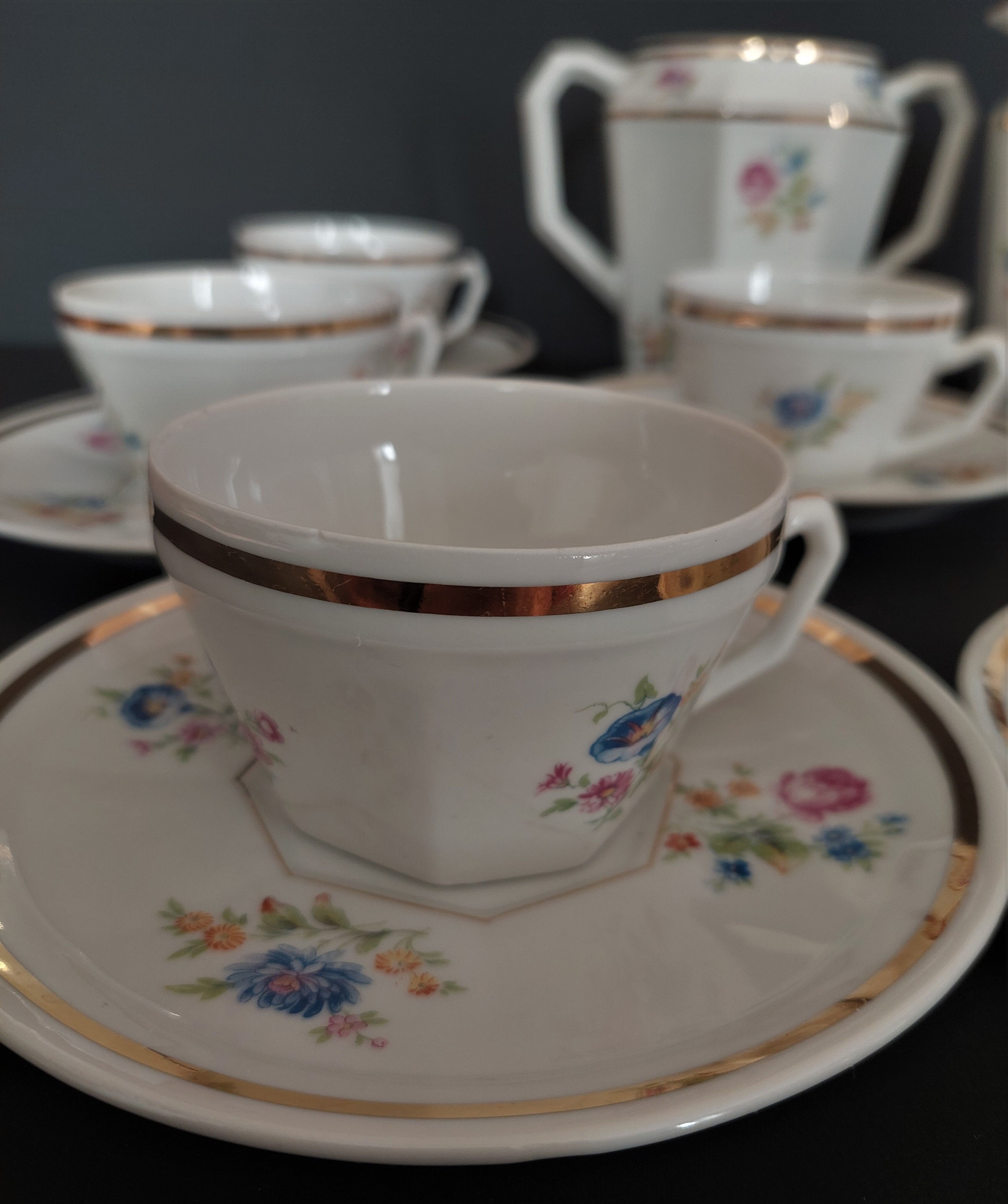 Tea set six cups Limoges porcelain floral decoration