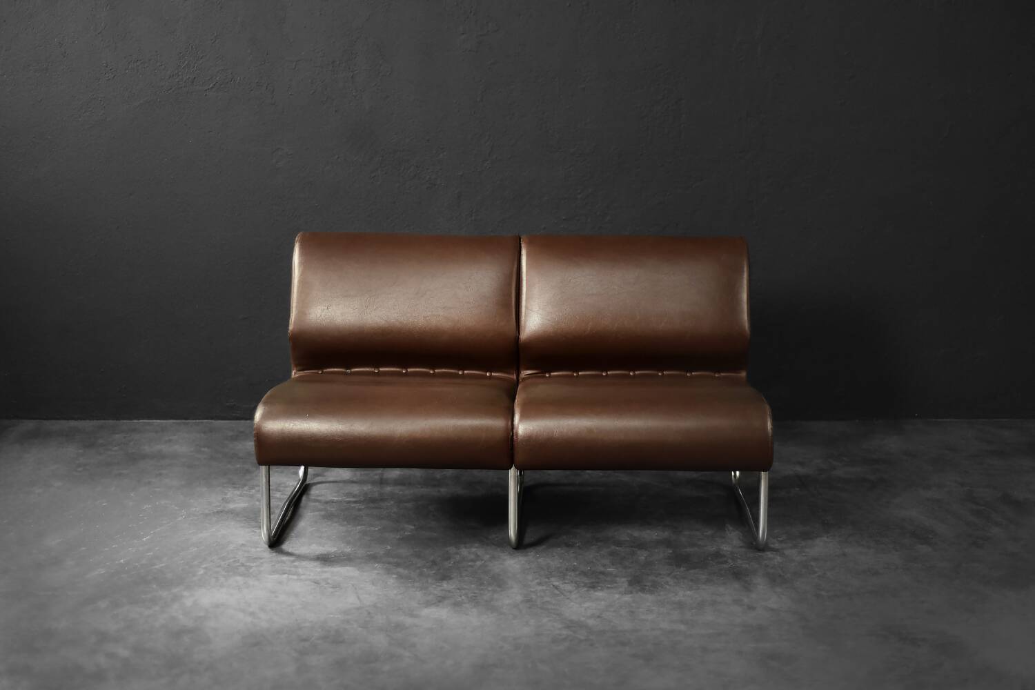Vintage Mid-Century German Modern 2-Seater Brown Steel Frame Lounge Sofa