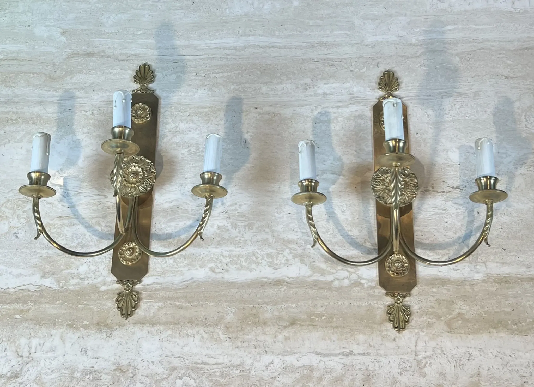 Pair of Neoclassical Wall Lights with Three Arms in Brass with Decoration