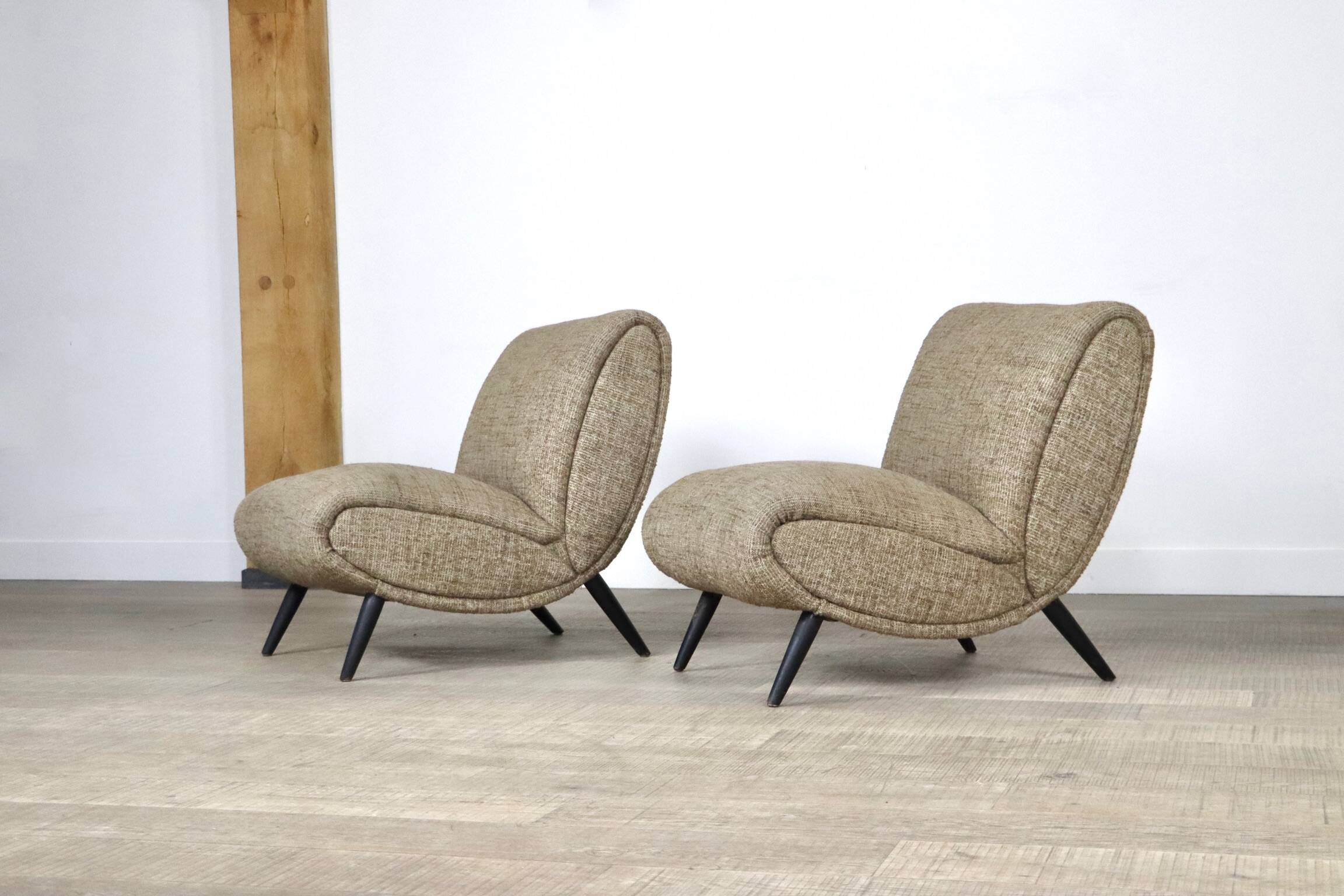 Pair Of Norman Bel Geddes Armchairs In Birch Wood & Original Wool Fabric, 1950s