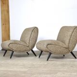 Pair Of Norman Bel Geddes Armchairs In Birch Wood & Original Wool Fabric, 1950s