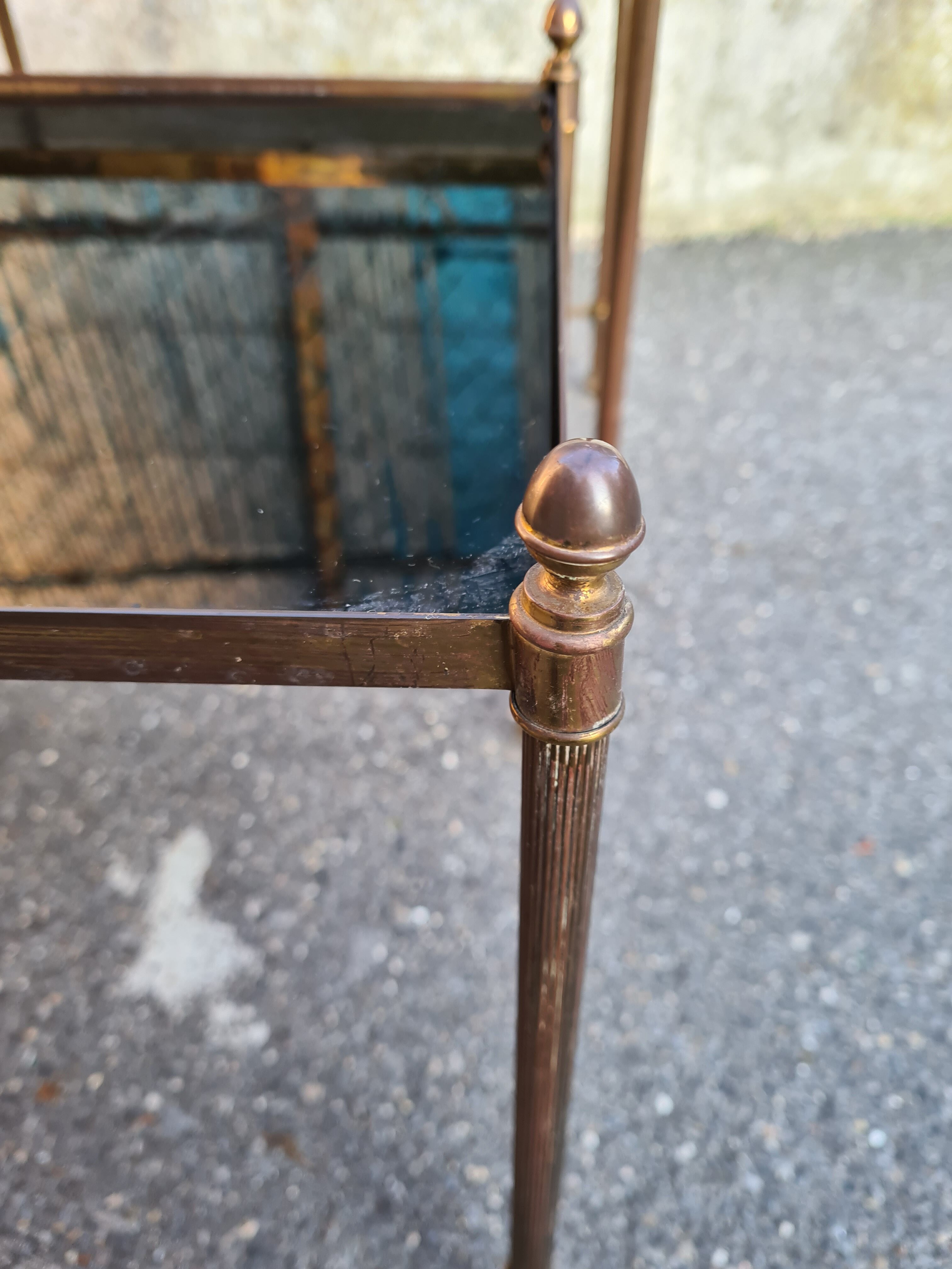 2 brass trundle tables and vintage black glass
