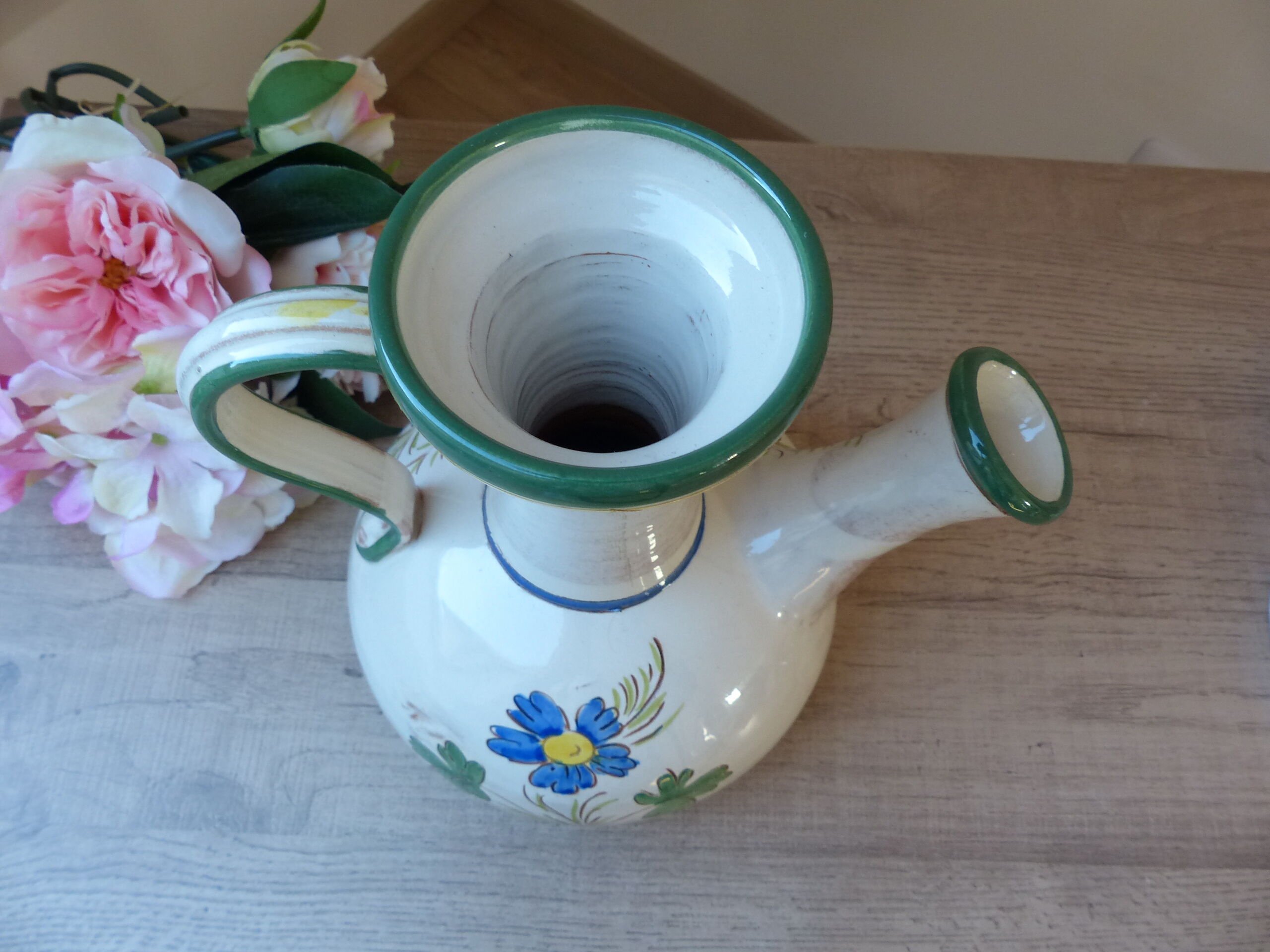 Pitcher carafe chevrette in terracotta enamelled with flowers italian crafts numbered