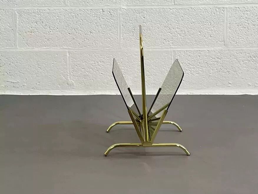 Vintage magazine rack in smoked glass and brass.