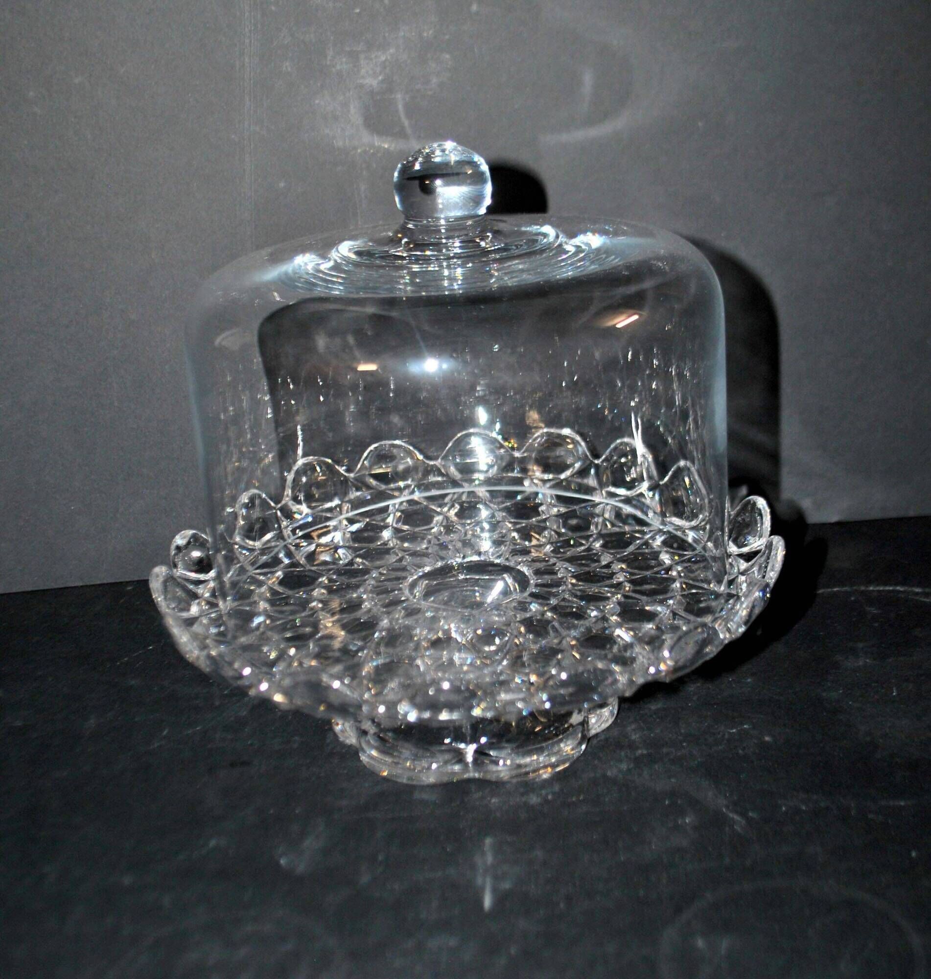 Antique cheese dome on a diamond moulded crystal stand, 1920, marked registered.