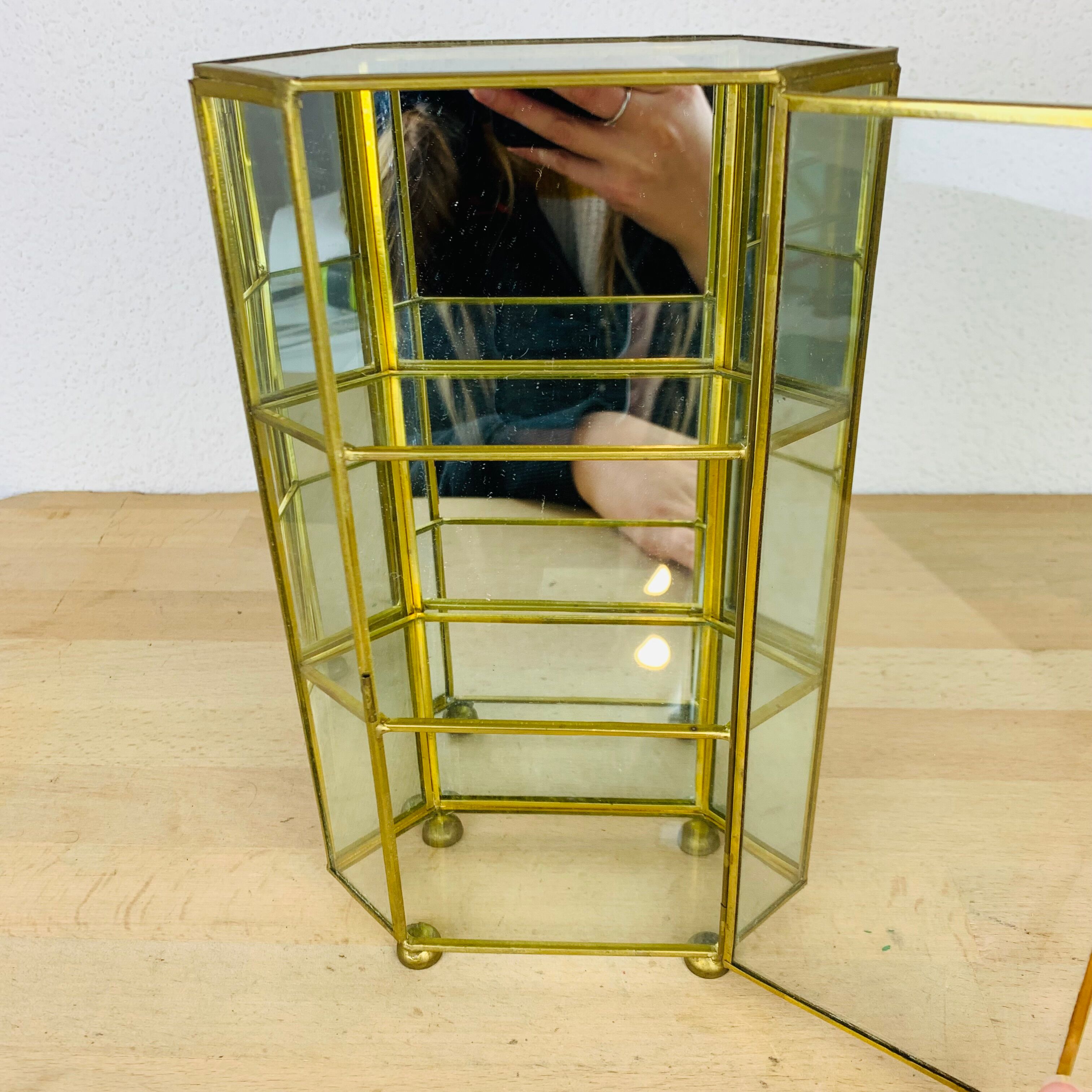 Miniature display case brass and glass, shelf