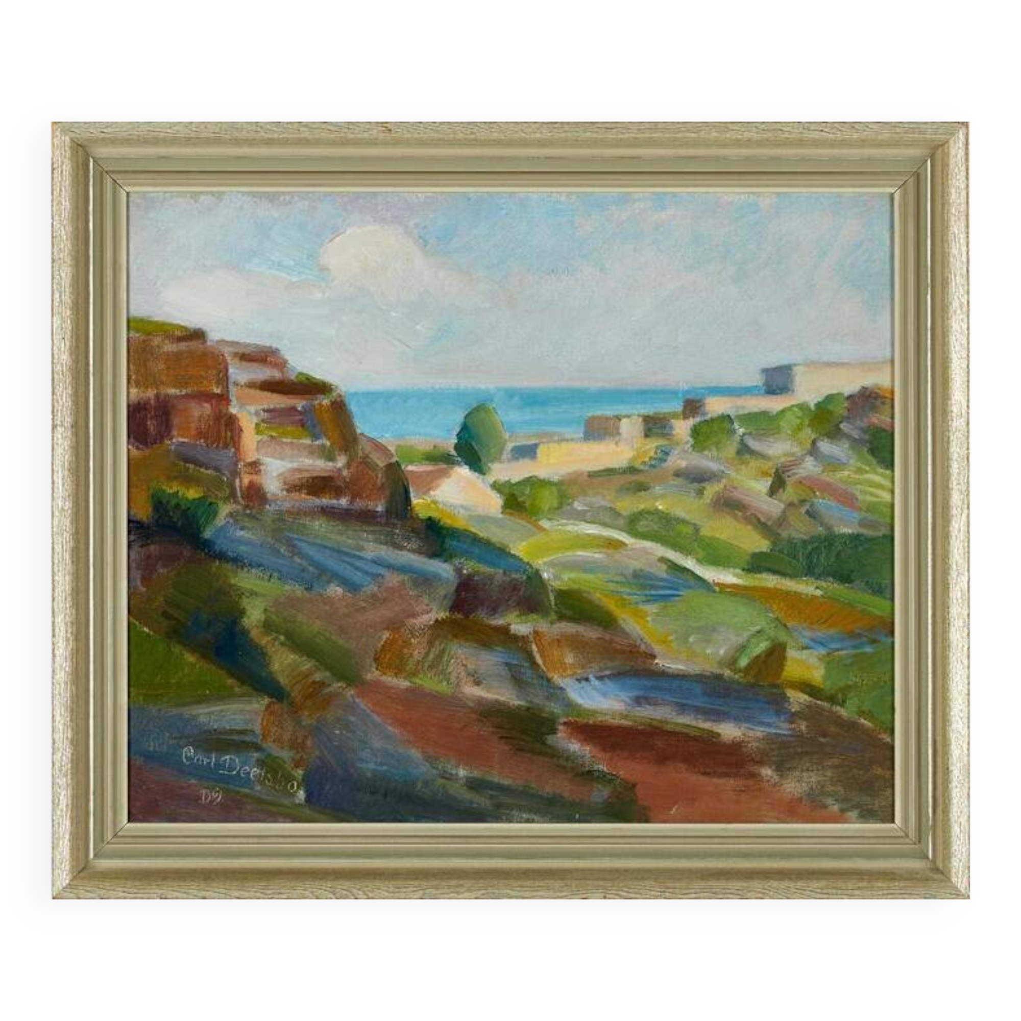 Original Swedish oil on panel – “Coastal Landscape” by Carl Deelsbo (1908–1982) – vintage & framed – 45.5 × 53.5 cm