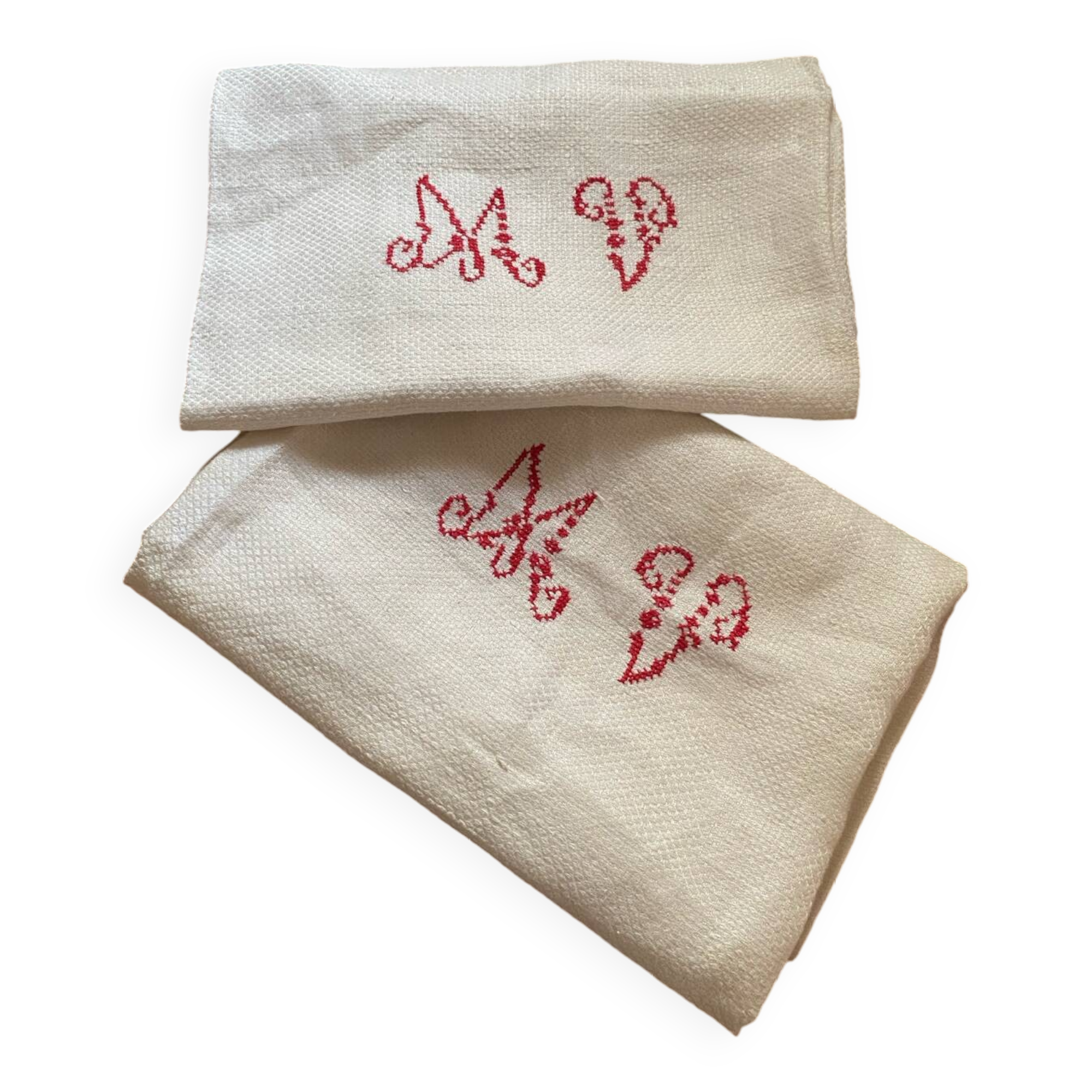 Pair of large cotton and hemp tea towels from the 1930s.