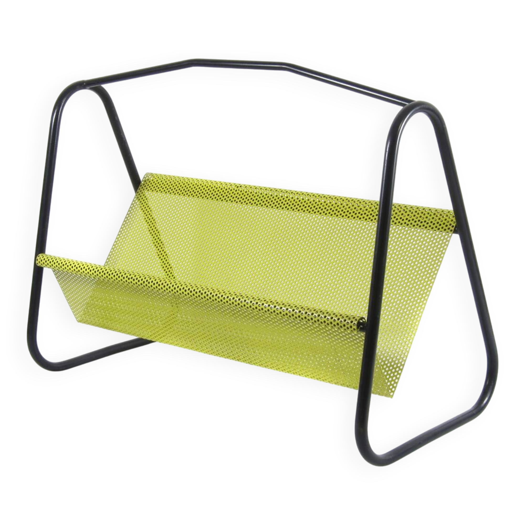 Porte-revues vintage Pilastro – jaune et noir des années 1950, style Mathieu Matégot, design néerlandais de Tjerk Reijenga pour Artimeta