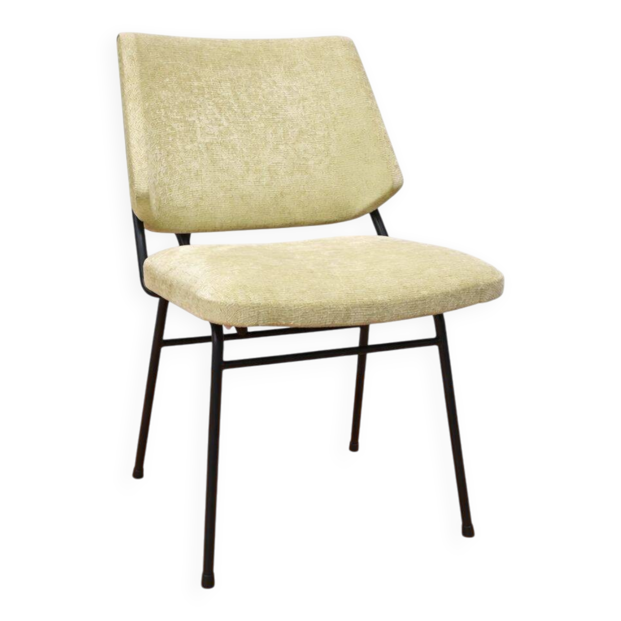 Chaise vintage années 50 en métal noir et tissu vert amande