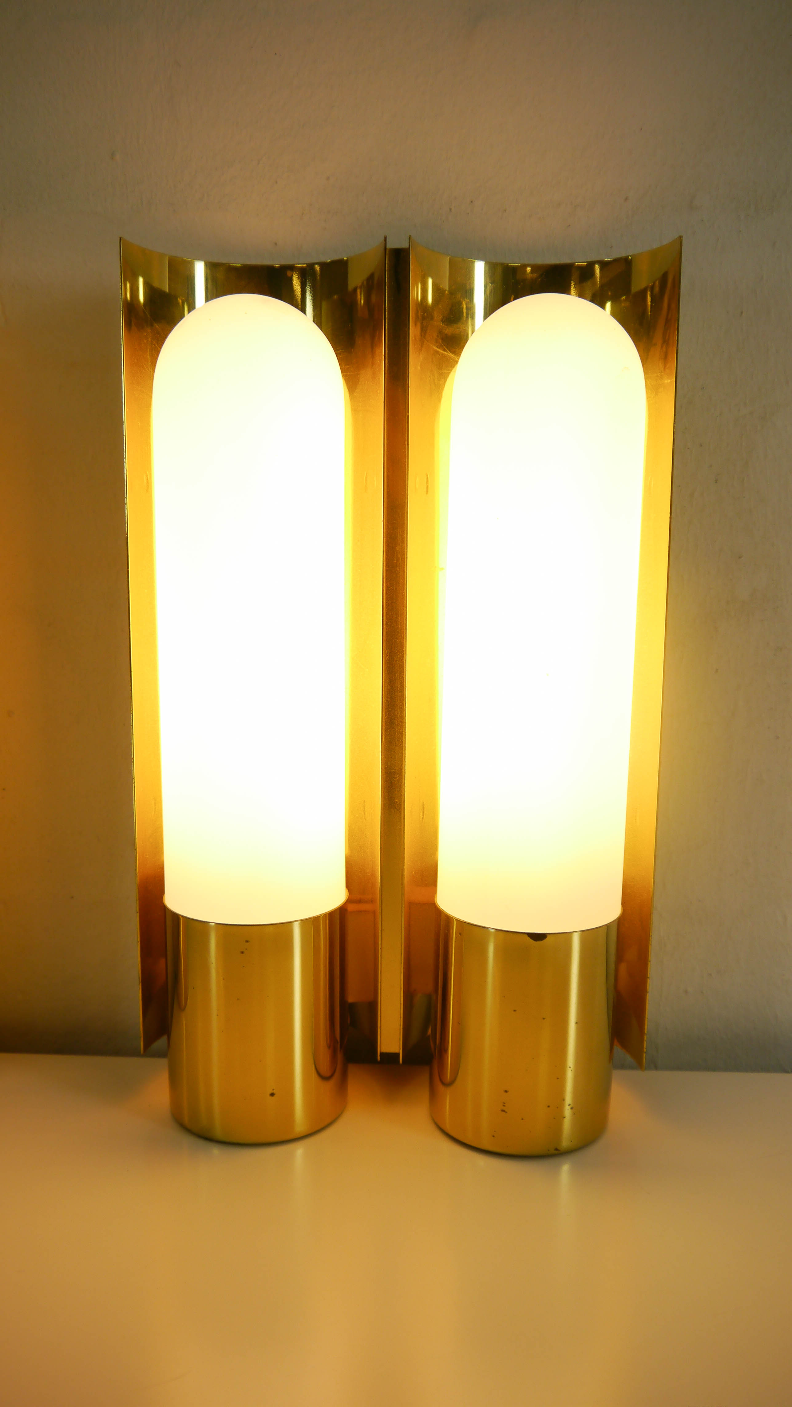 Wall lights brass & glass opal of limburg 1970 s