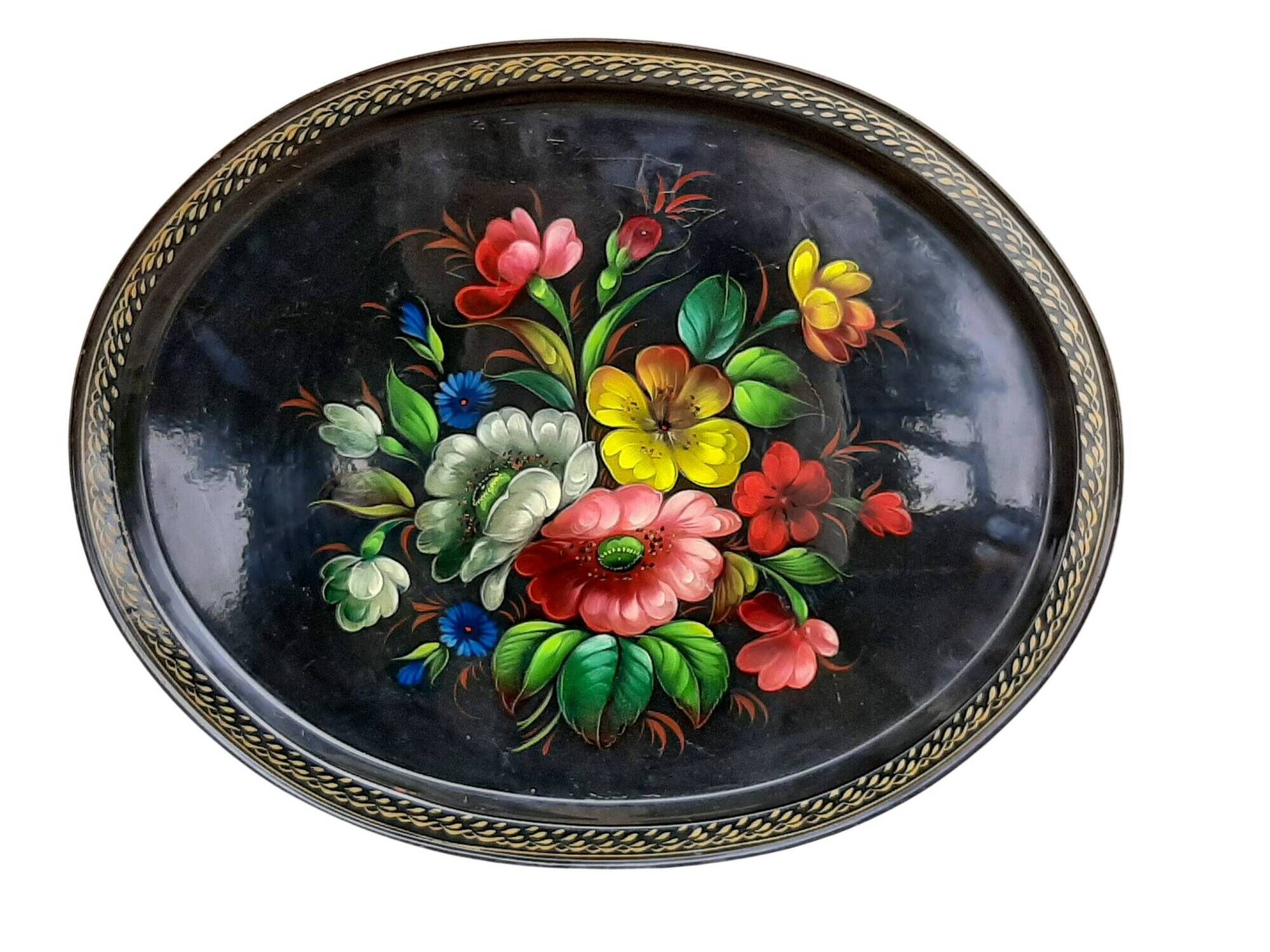Black lacquered metal tray with multicoloured vintage Russian floral decoration.