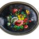 Black lacquered metal tray with multicoloured vintage Russian floral decoration.