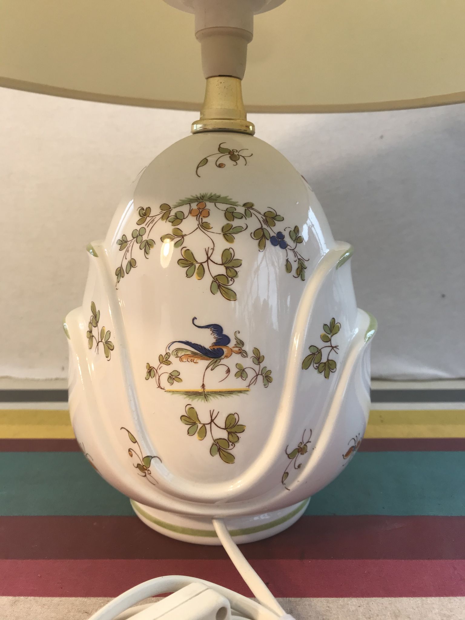 Old Moustiers ceramic lamp with white lamp shade