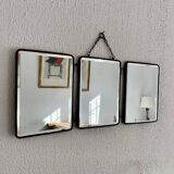 Vintage 1930s barber's triptych mirror, crystal, faux leather, gold - 25 x 59 cm