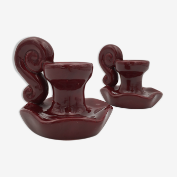 Pair of vintage candlesticks, red earthenware 1950