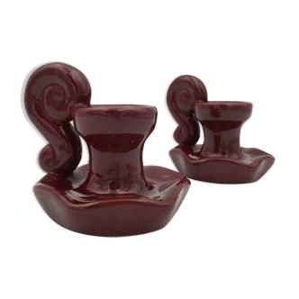 Pair of vintage candlesticks, red earthenware 1950