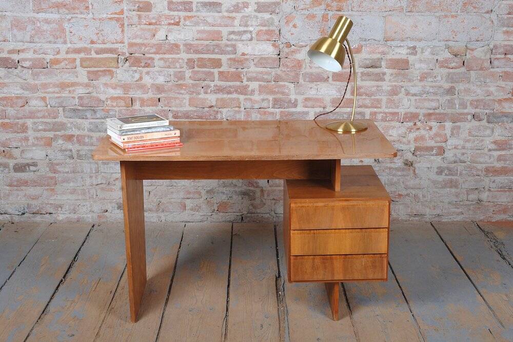 Mid-Century Walnut and Oak Writing Desk from B. Landsman, Czech, 1950s