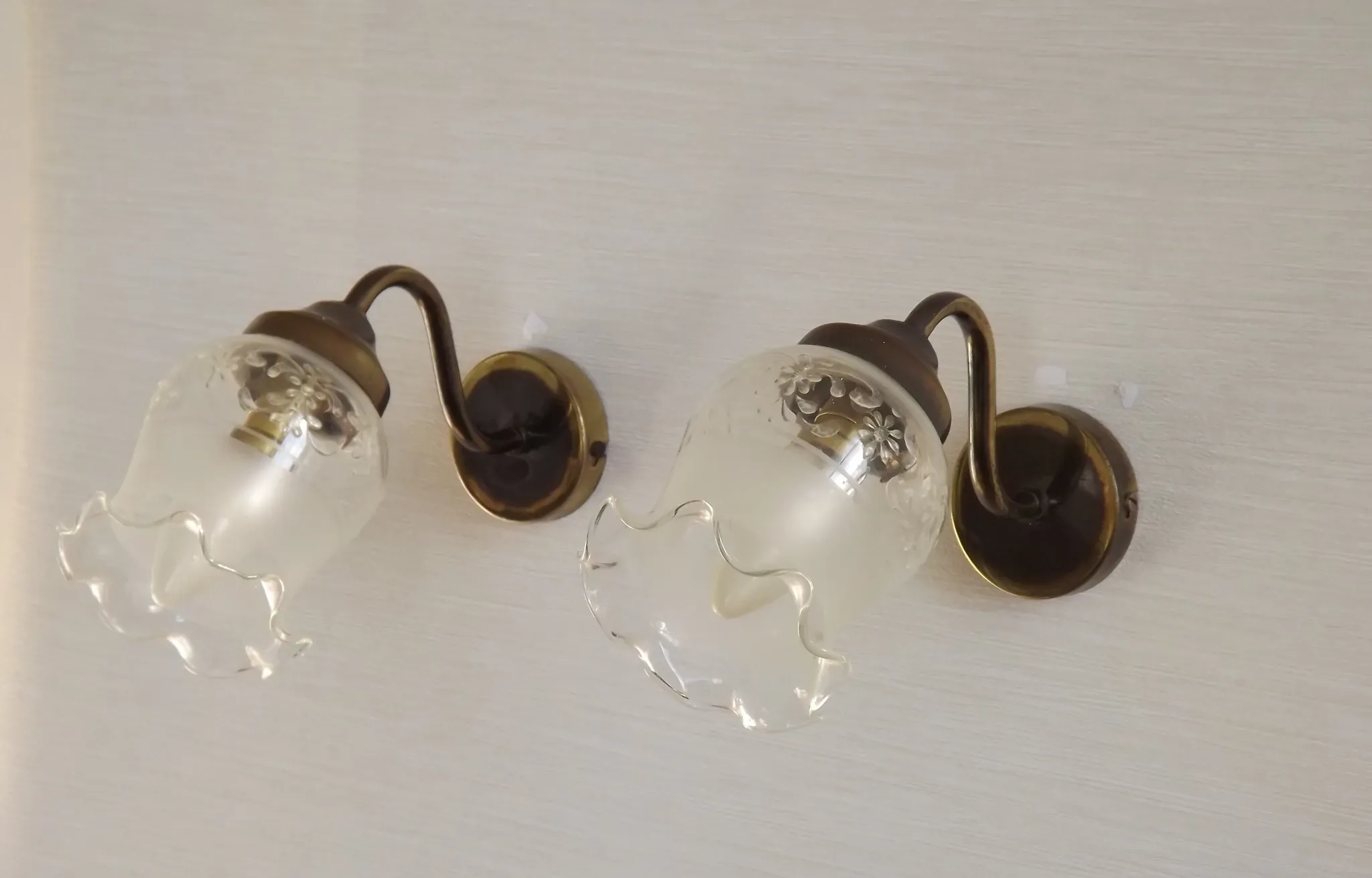 Pair of French Vintage Bronze Effect Metal Wall LIghts Floral Glass Shades