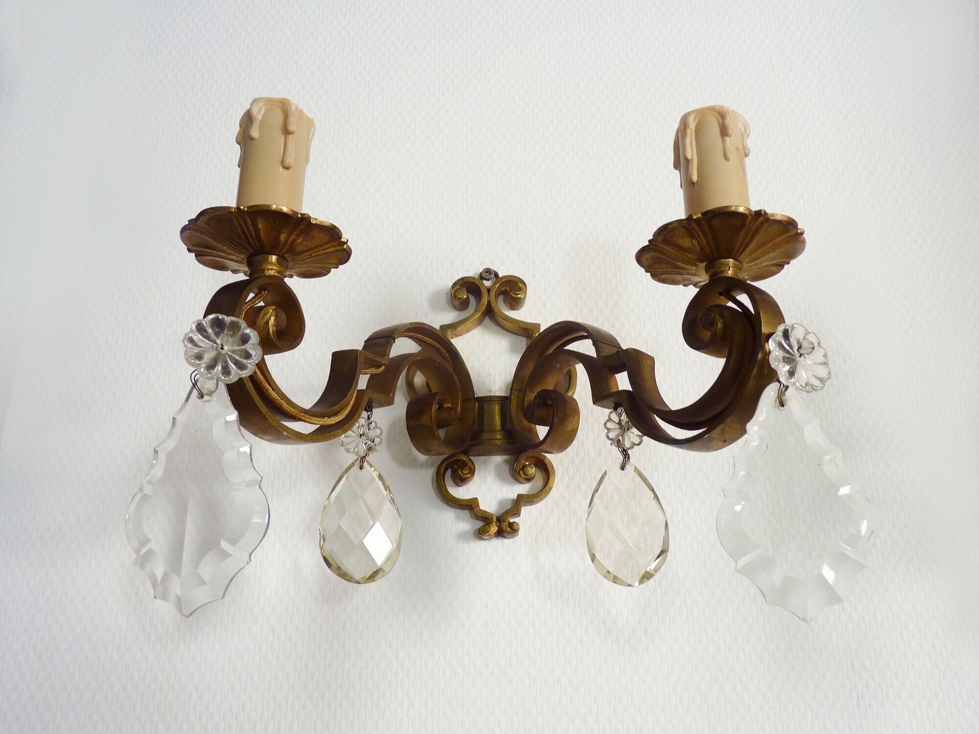 Former pair bronze wall sconces with double lights and tassels. Art Deco period