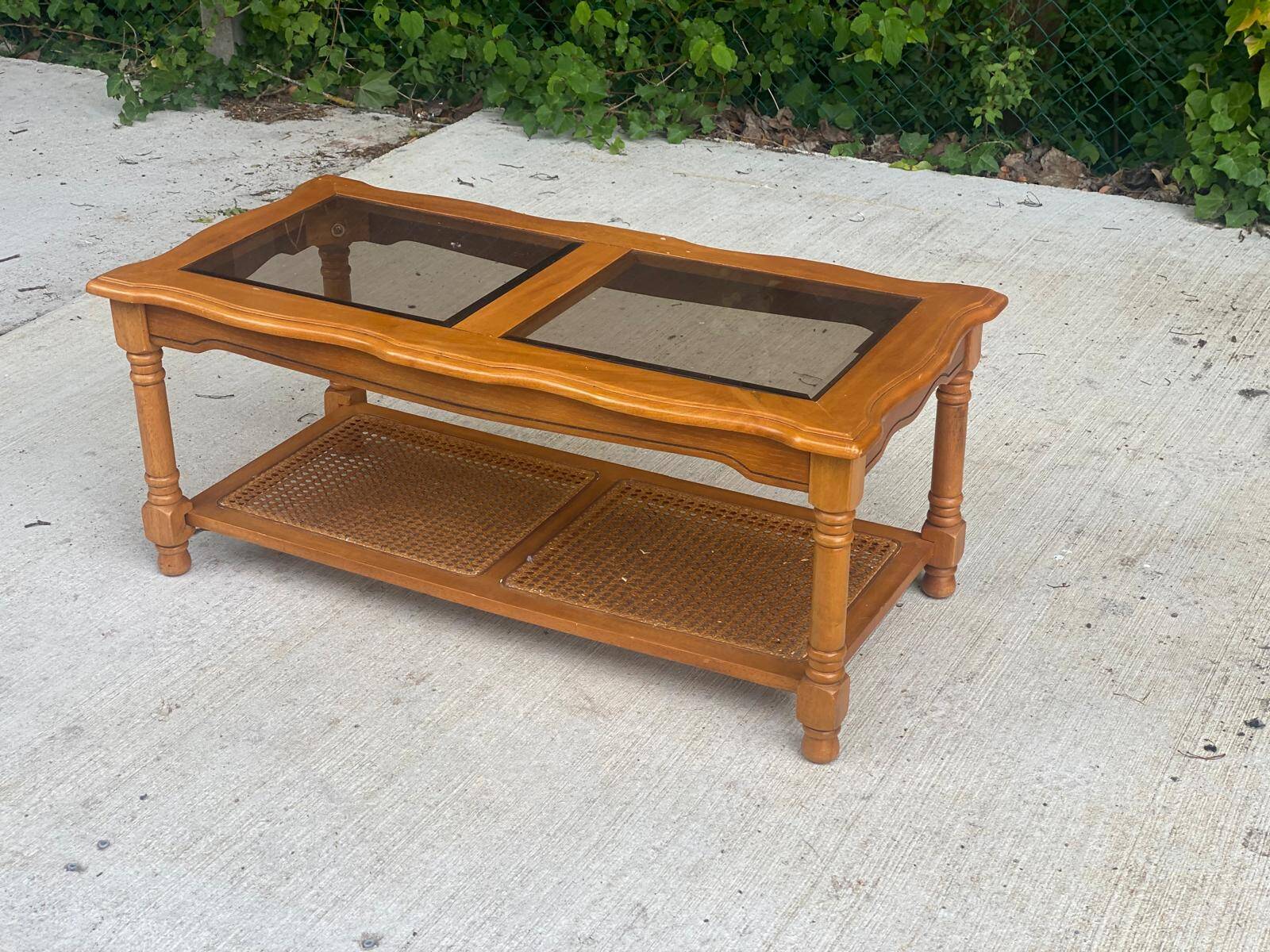 Vintage solid wood coffee table with glass and cane 100x50cm