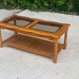 Table basse vintage en bois massif, verre et cannage